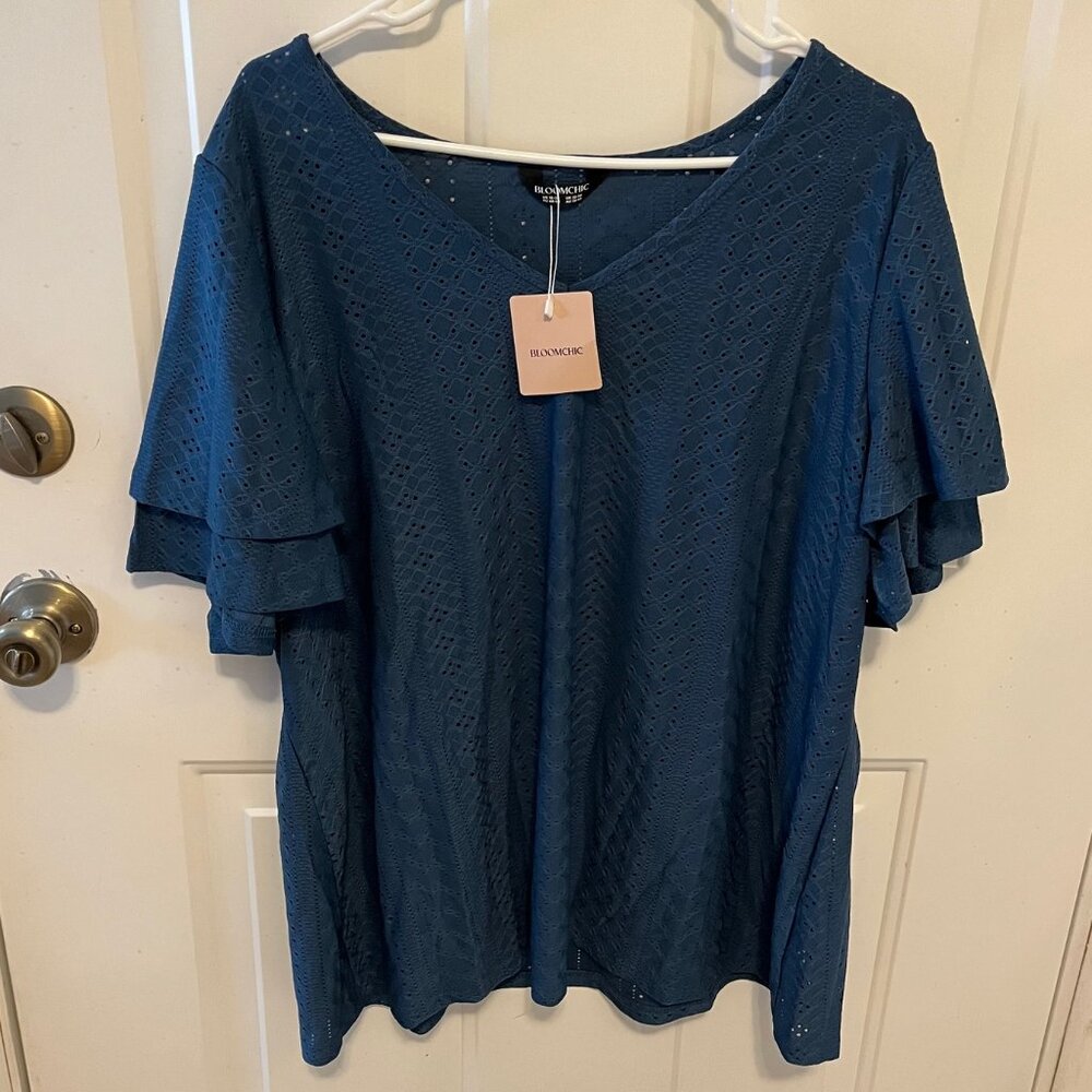 Jacquard Textured Lotus Leaf Sleeve Top - Aegean - 18-20/2X - NWT